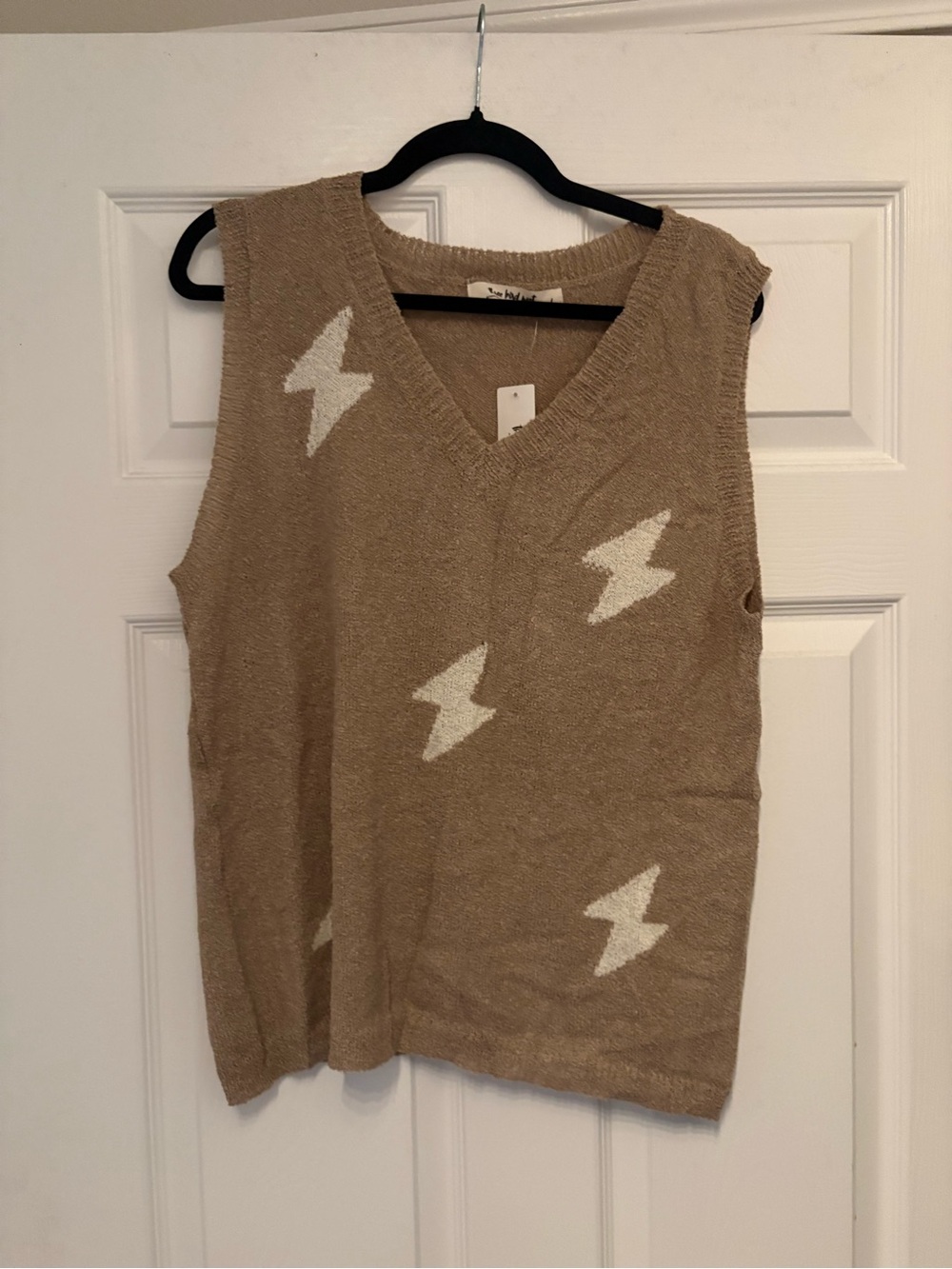 Three Bird Nest Tan Knit Lightning Bolt Tank Top with White Accents
